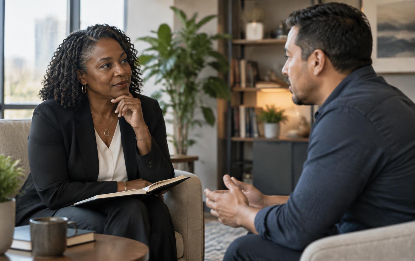 A coach reviewing notes before an online session with a client