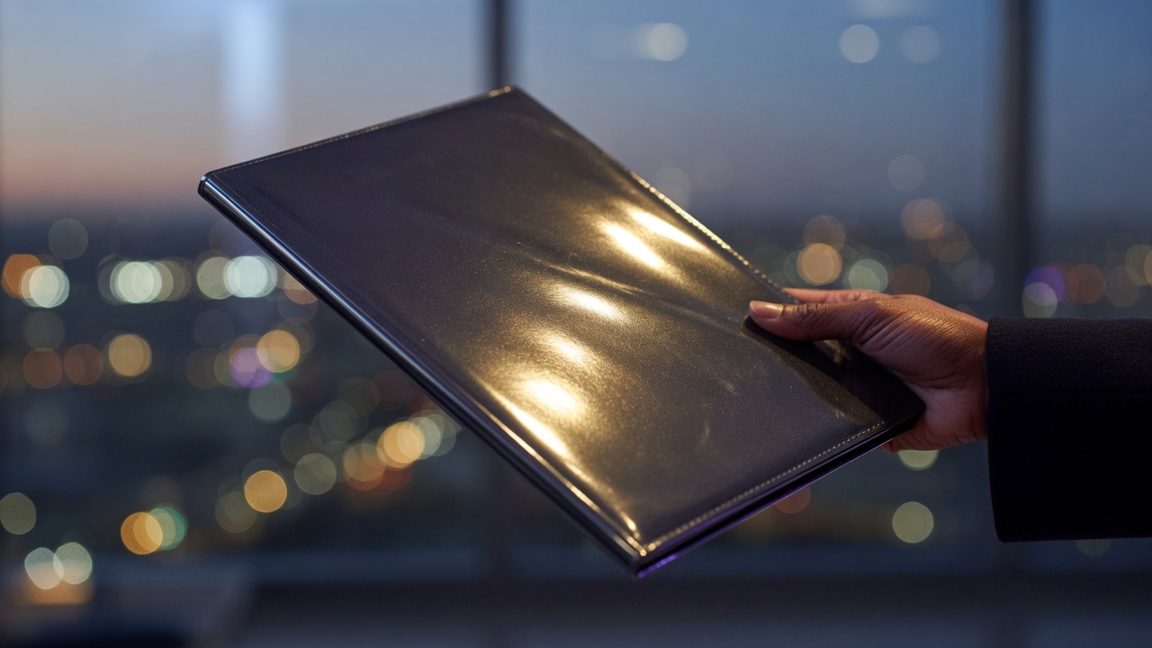A leather folio held toward the city at dusk — the Team Dynamics report