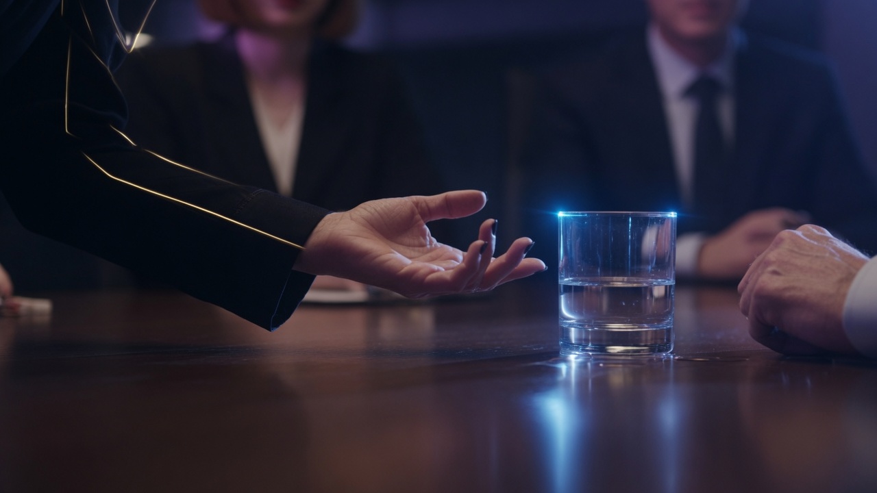 A hand cuts across the table toward a glass, the moment of an interruption.