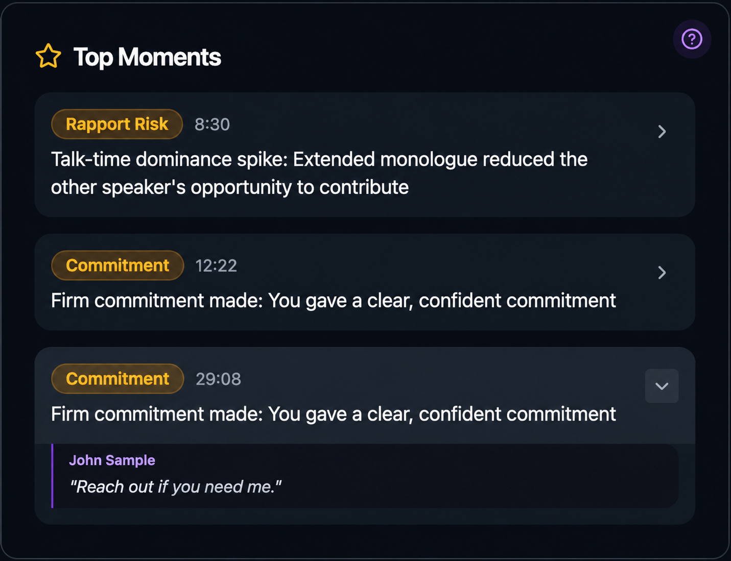 Top Moments card with Rapport Risk at 8:30, a commitment at 12:22, and an expanded 29:08 commitment quoting John Sample: Reach out if you need me.