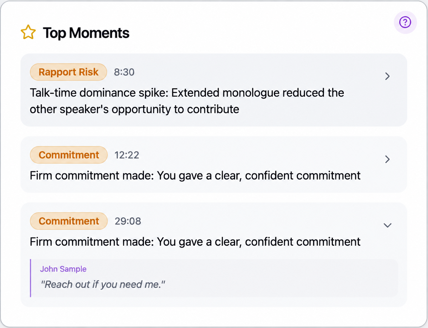 Top Moments card with Rapport Risk at 8:30, a commitment at 12:22, and an expanded 29:08 commitment quoting John Sample: Reach out if you need me.