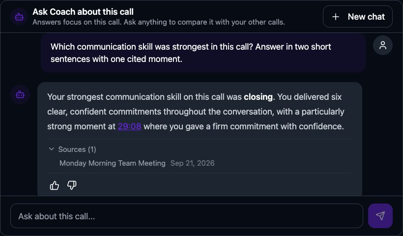 Ask Coach answer with supporting citations and links to conversation moments.