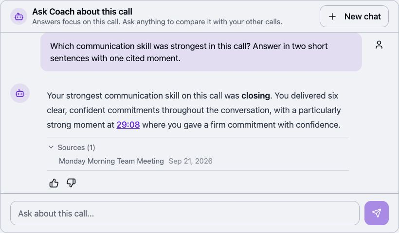 Ask Coach answer with supporting citations and links to conversation moments.