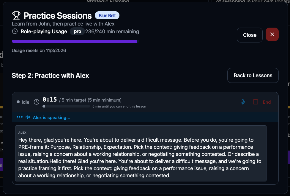 Practice Sessions panel during a live voice roleplay with Alex.