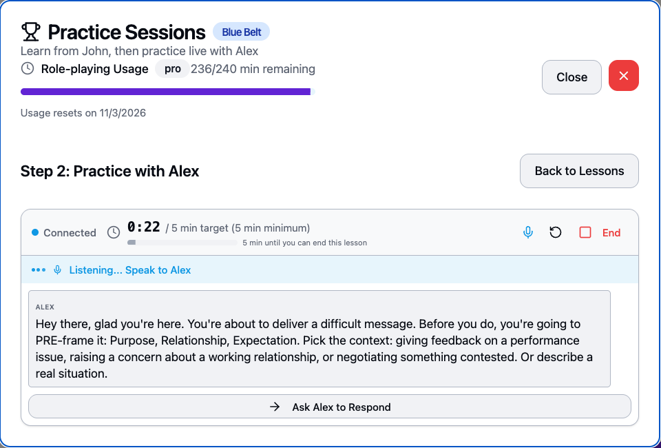 Practice Sessions panel during a live voice roleplay with Alex.