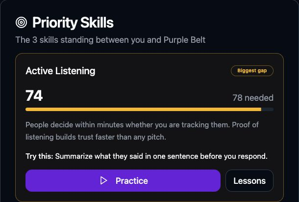 Priority Skills card recommending a skill to work on, with practice and lesson actions.