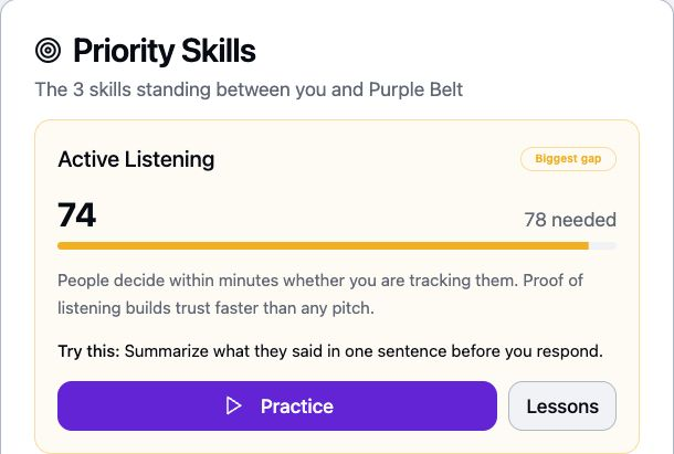 Priority Skills card recommending a skill to work on, with practice and lesson actions.