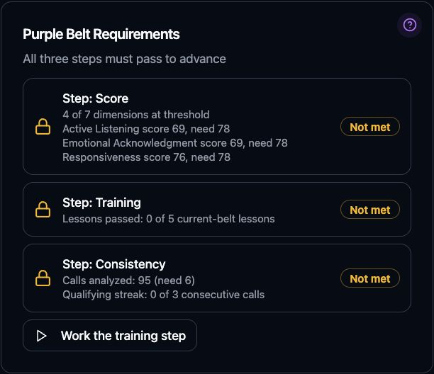Purple Belt advancement requirements showing three steps and whether each has been met.