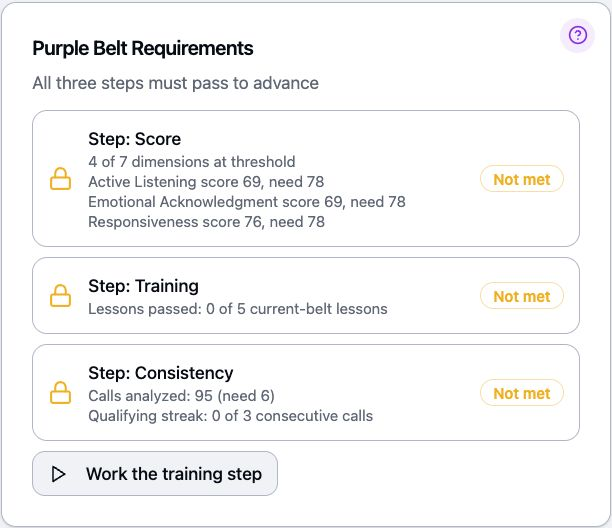 Purple Belt advancement requirements showing three steps and whether each has been met.