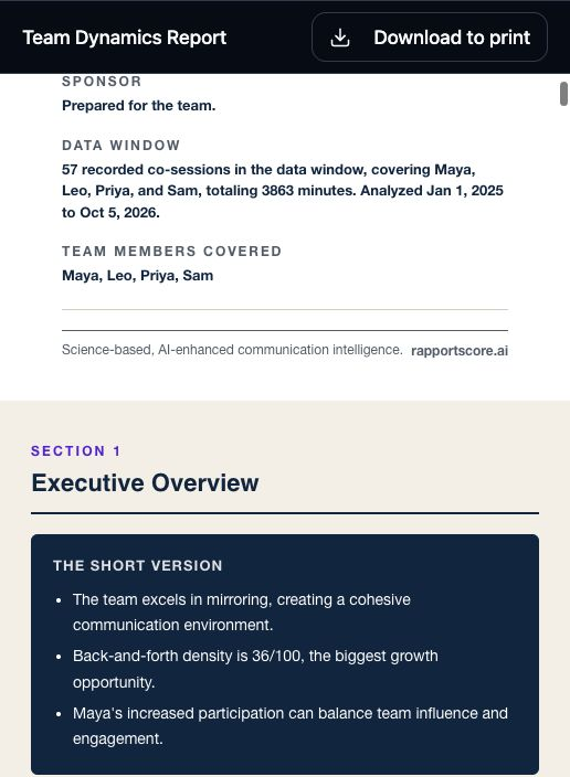 Team Dynamics Report overview with an executive summary of how the team communicates.