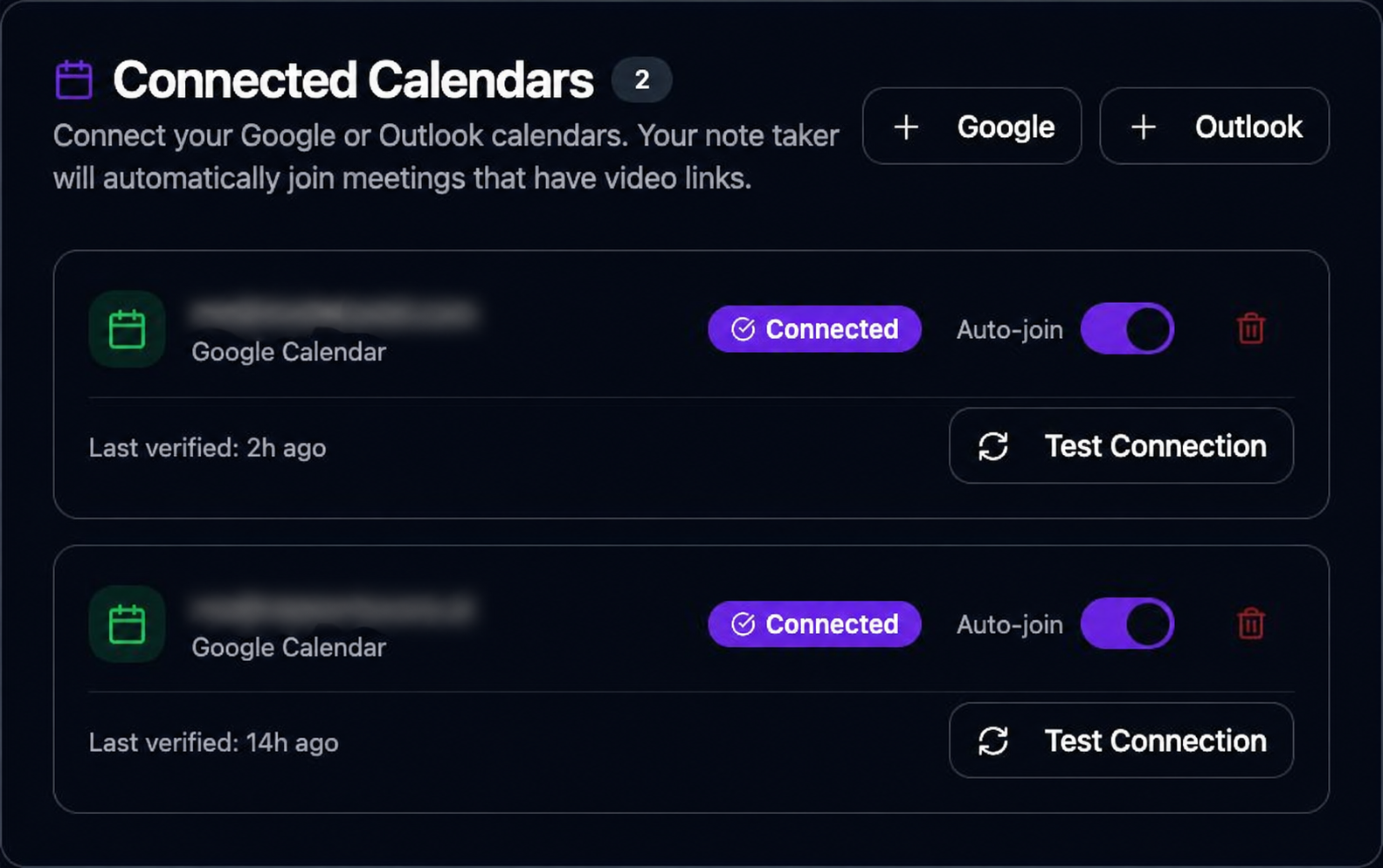 Connected calendars panel for Google and Microsoft accounts, with account addresses redacted.
