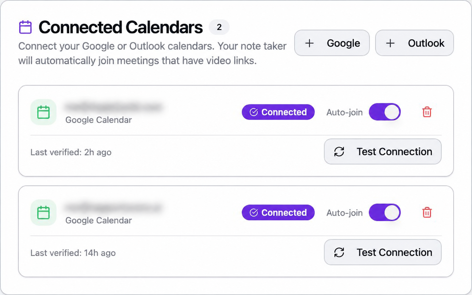 Connected calendars panel for Google and Microsoft accounts, with account addresses redacted.