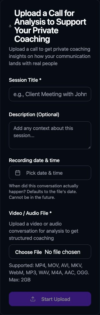 Upload form for adding a recorded conversation to Rapport Score.