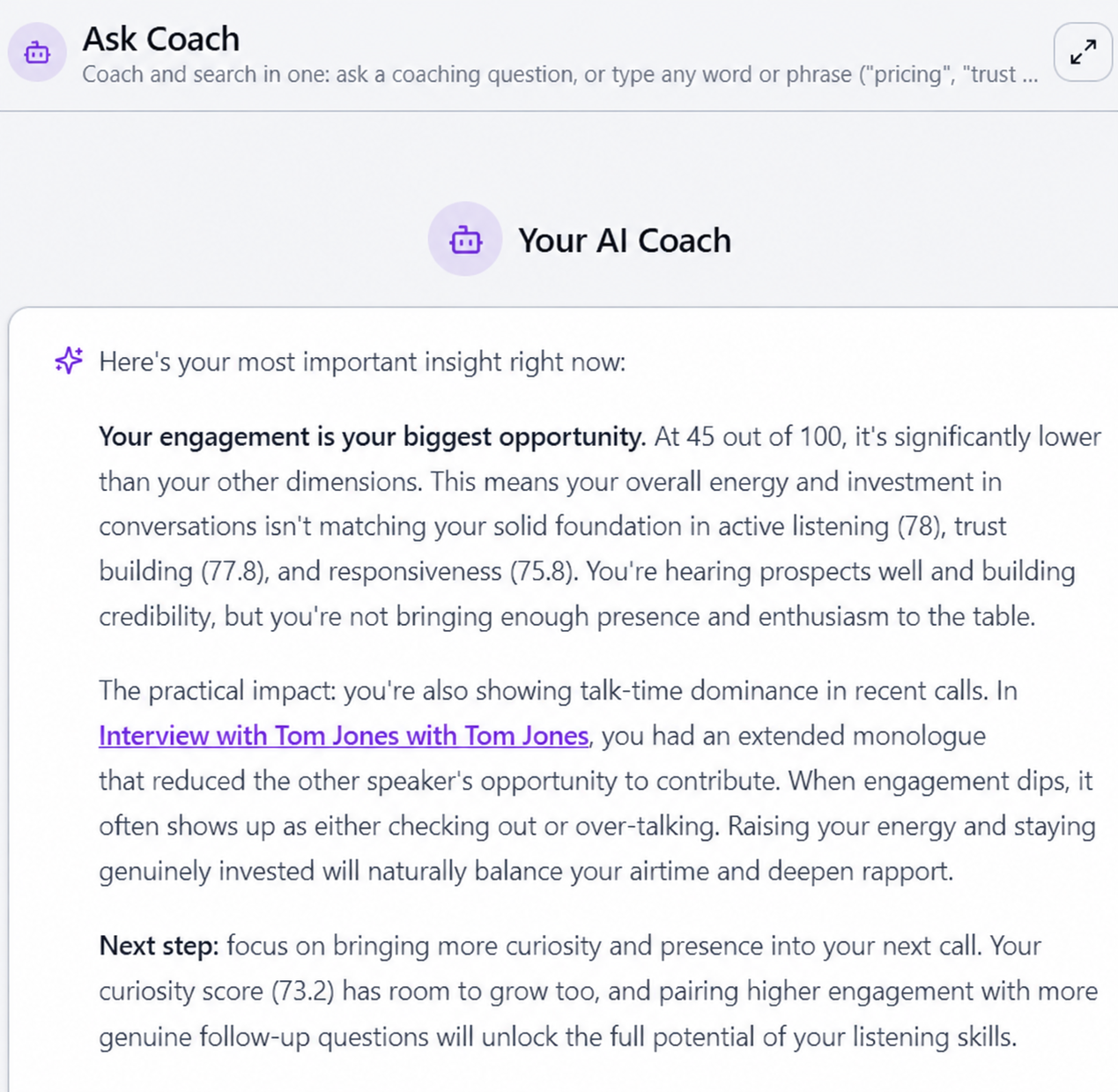 Rapport Score Ask Coach answering a question about a recorded conversation, with cited moments.