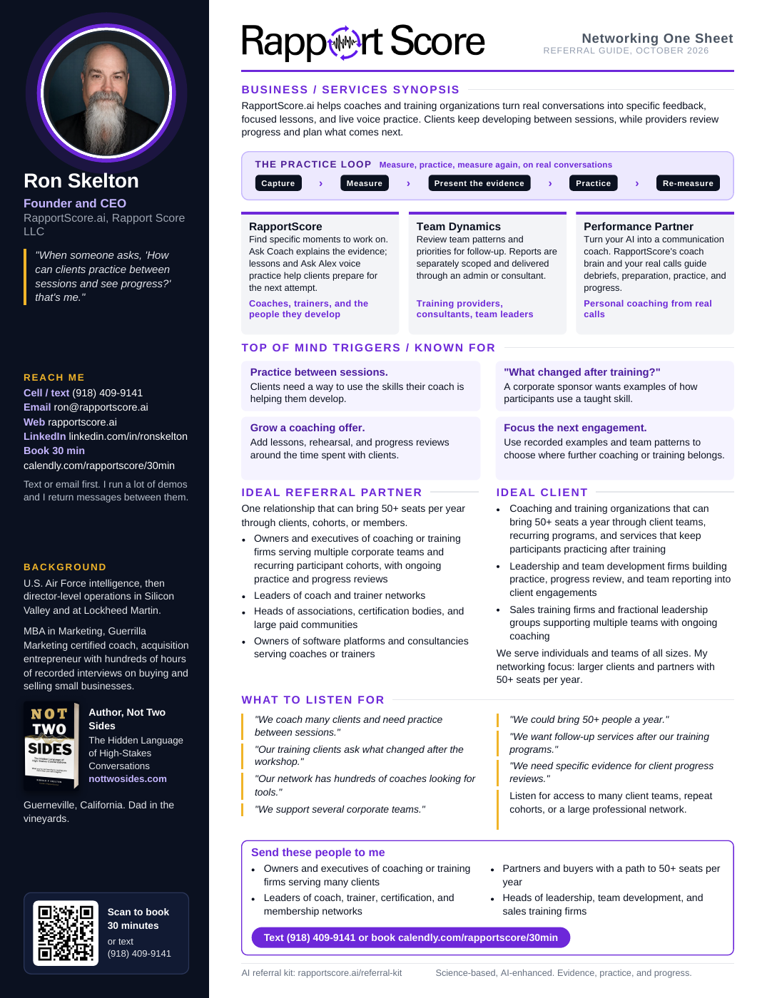Ron Skelton's RapportScore networking one-sheet, focused on relationships that can bring 50+ seats per year. Full text is available below.
